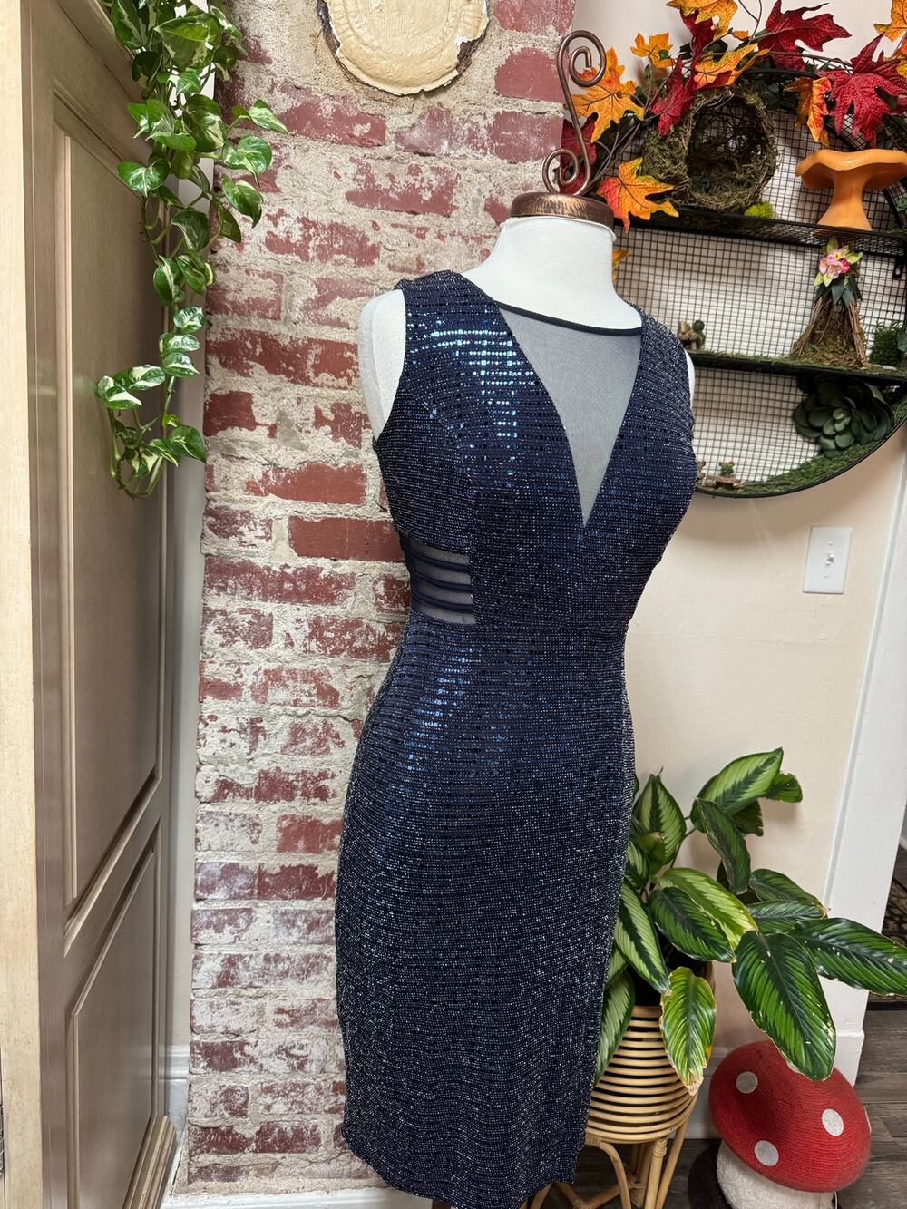 Navy Sequin Mesh Cocktail Dress Size 6